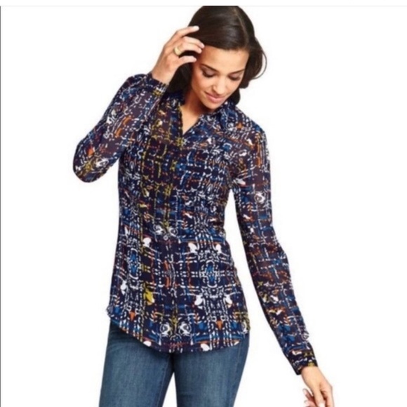 CAbi festival geometric print semi sheer bling sleeve buttons down blouse size S - Picture 1 of 12